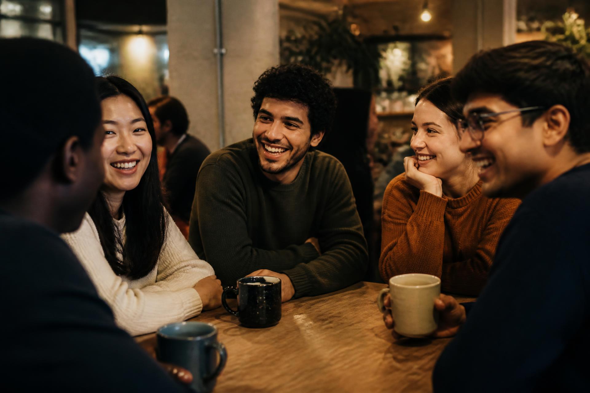 International students talking and laughing together over coffee at The Local